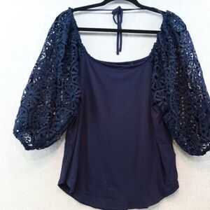Cupio Navy Blue Crochet Sleeve Blouse